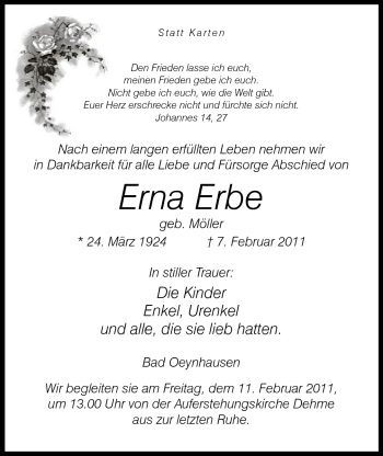 Anzeige von Erna Erbe von Mindener Tageblatt