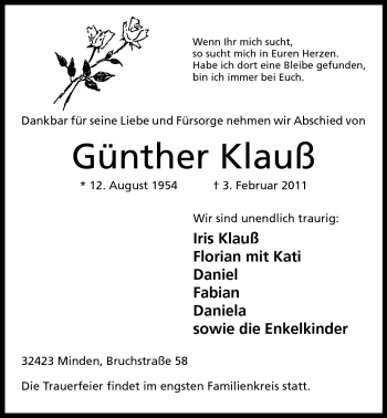 Anzeige von Günther Klauß von Mindener Tageblatt