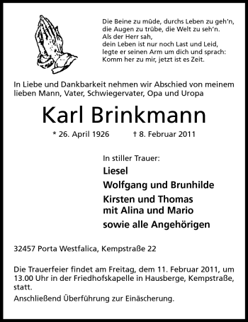 Anzeige von Karl Brinkmann von Mindener Tageblatt