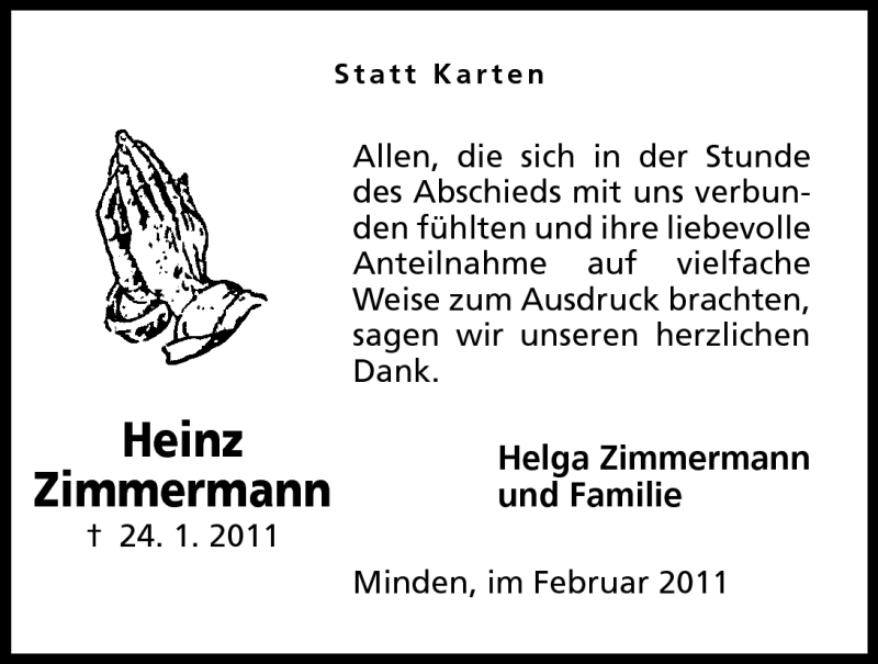  Traueranzeige für Heinz Zimmermann vom 12.02.2011 aus Mindener Tageblatt