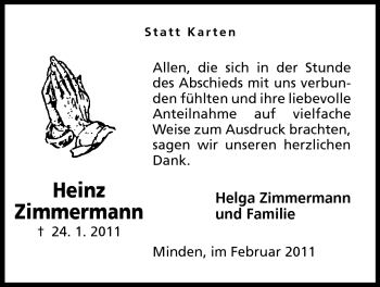 Anzeige von Heinz Zimmermann von Mindener Tageblatt