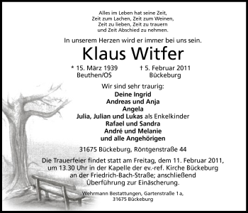 Anzeige von Klaus Witfer von Mindener Tageblatt