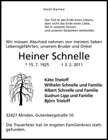 Anzeige von Heiner Schnelle von Mindener Tageblatt