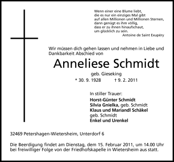 Anzeige von Anneliese Schmidt von Mindener Tageblatt