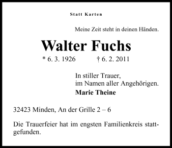 Anzeige von Walter Fuchs von Mindener Tageblatt