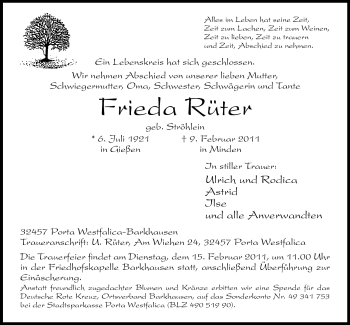 Anzeige von Frieda Rüter von Mindener Tageblatt