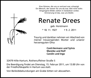 Anzeige von Renate Drees von Mindener Tageblatt