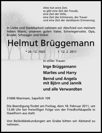 Anzeige von Helmut Brüggemann von Mindener Tageblatt