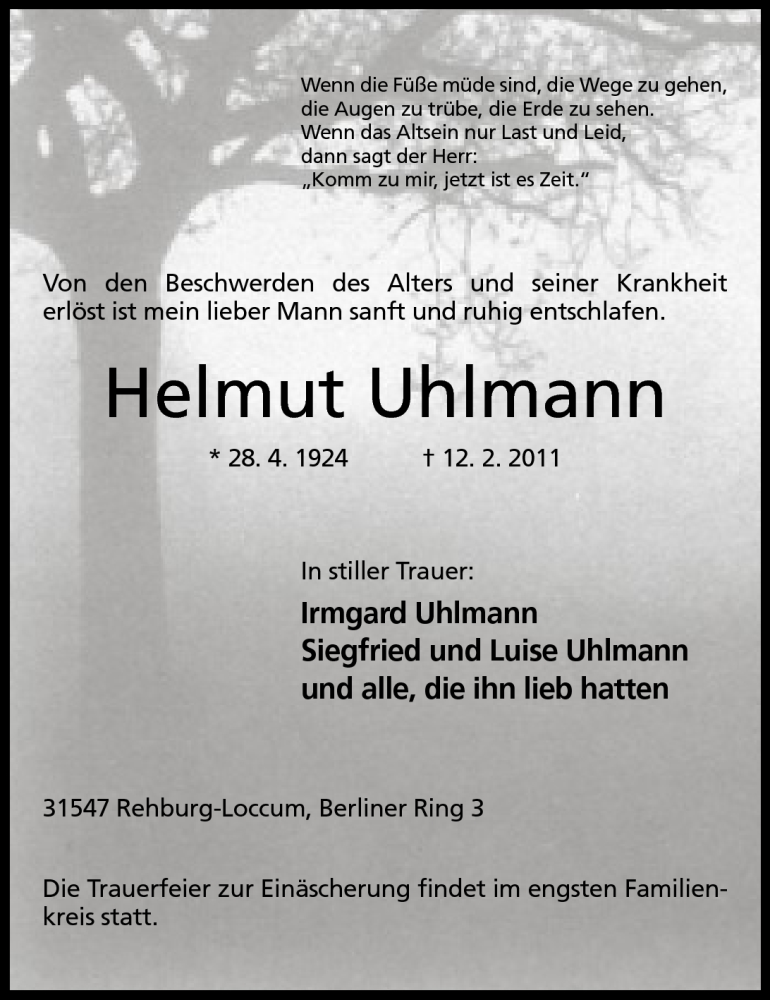  Traueranzeige für Helmut Uhlmann vom 14.02.2011 aus Mindener Tageblatt