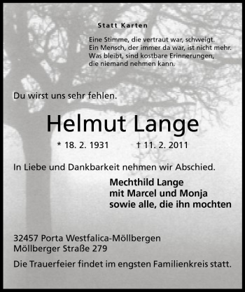 Anzeige von Helmut Lange von Mindener Tageblatt