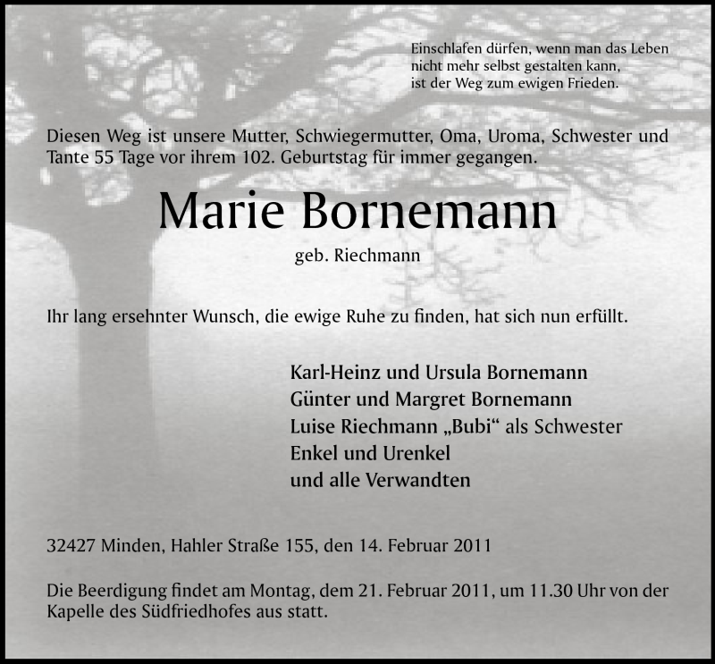  Traueranzeige für Marie Bornemann vom 16.02.2011 aus Mindener Tageblatt