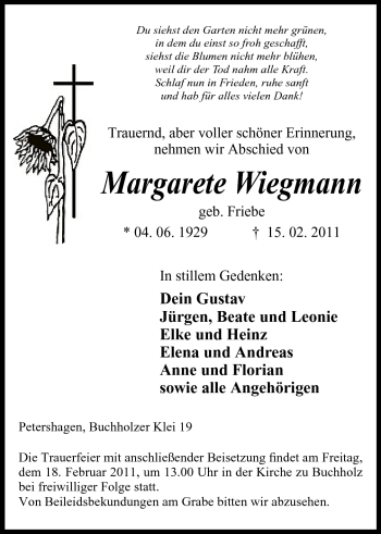 Anzeige von Margarete Wiegmann von Mindener Tageblatt