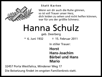 Anzeige von Hanna Schulz von Mindener Tageblatt