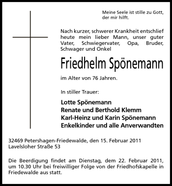 Anzeige von Friedhelm Spönemann von Mindener Tageblatt