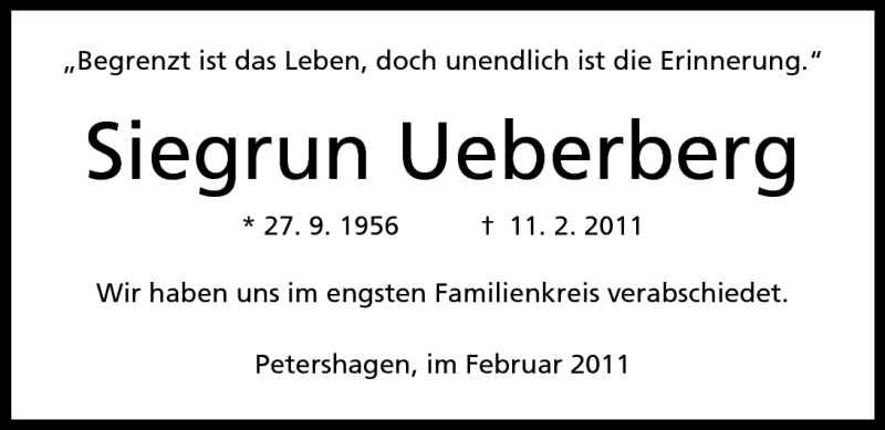  Traueranzeige für Siegrun Ueberberg vom 19.02.2011 aus Mindener Tageblatt