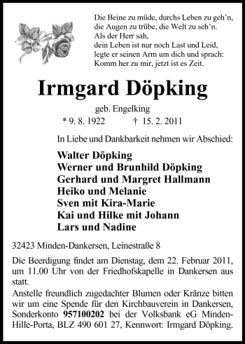 Anzeige von Irmgard Döpking von Mindener Tageblatt