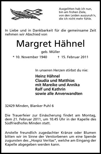 Anzeige von Margret Hähnel von Mindener Tageblatt