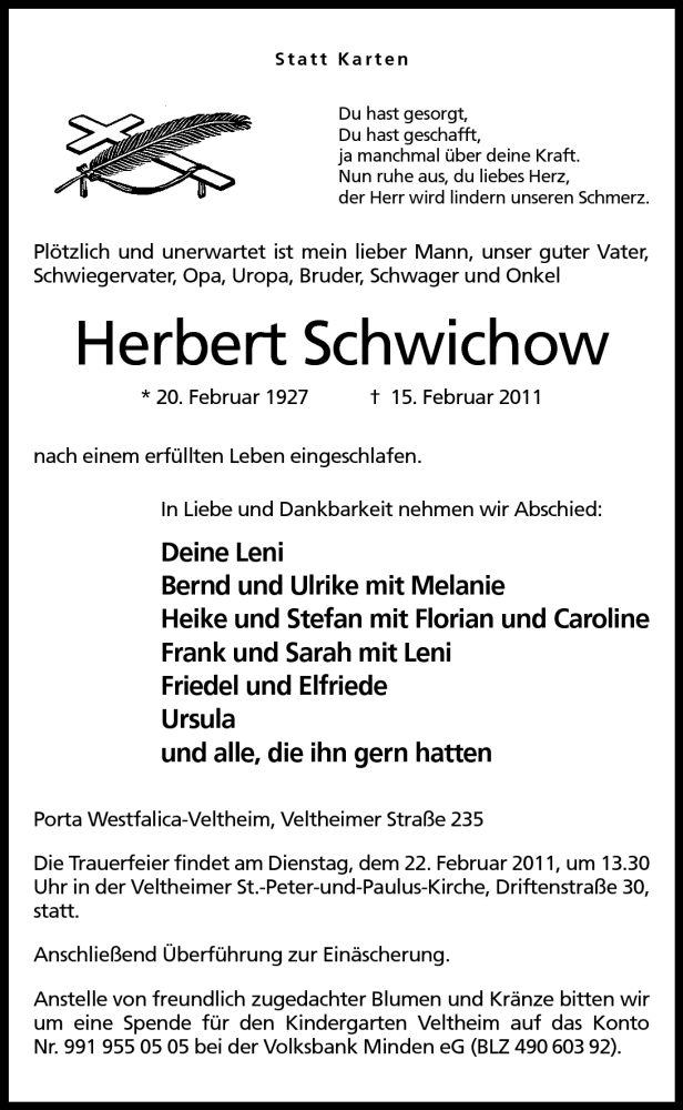  Traueranzeige für Herbert Schwichow vom 17.02.2011 aus Mindener Tageblatt