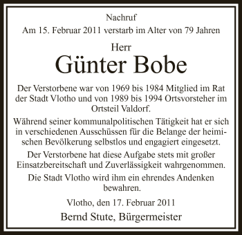Anzeige von Günter Bobe von Mindener Tageblatt