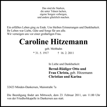 Anzeige von Caroline Hitzemann von Mindener Tageblatt
