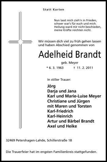 Anzeige von Adelheid Brandt von Mindener Tageblatt