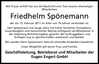 Anzeige von Friedhelm Spönemann von Mindener Tageblatt