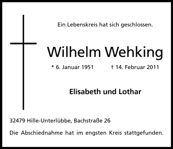 Anzeige von Wilhelm Wehking von Mindener Tageblatt