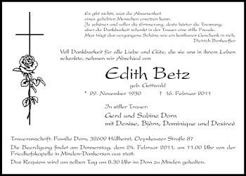 Anzeige von Edith Betz von Mindener Tageblatt
