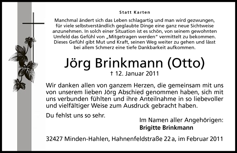  Traueranzeige für Jörg Brinkmann vom 19.02.2011 aus Mindener Tageblatt