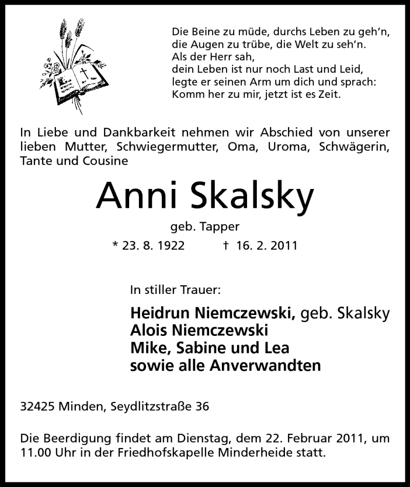  Traueranzeige für Anni Skalsky vom 19.02.2011 aus Mindener Tageblatt