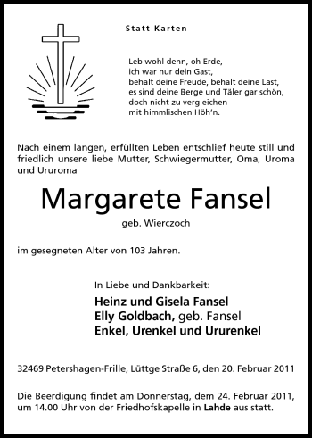 Anzeige von Margarete Fansel von Mindener Tageblatt