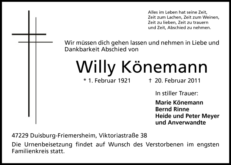  Traueranzeige für Willy Könemann vom 23.02.2011 aus Mindener Tageblatt