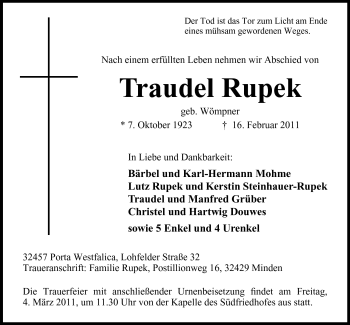 Anzeige von Traudel Rupek von Mindener Tageblatt