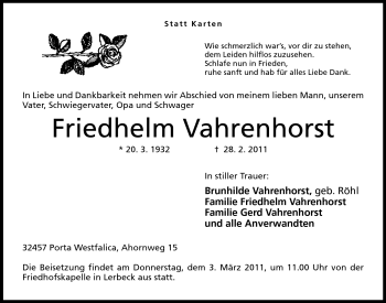 Anzeige von Friedhelm Vahrenhorst von Mindener Tageblatt
