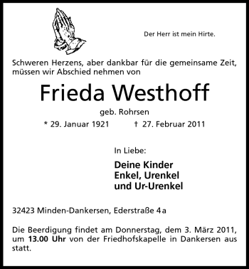 Anzeige von Frieda Westhoff von Mindener Tageblatt