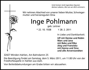 Anzeige von Inge Pohlmann von Mindener Tageblatt
