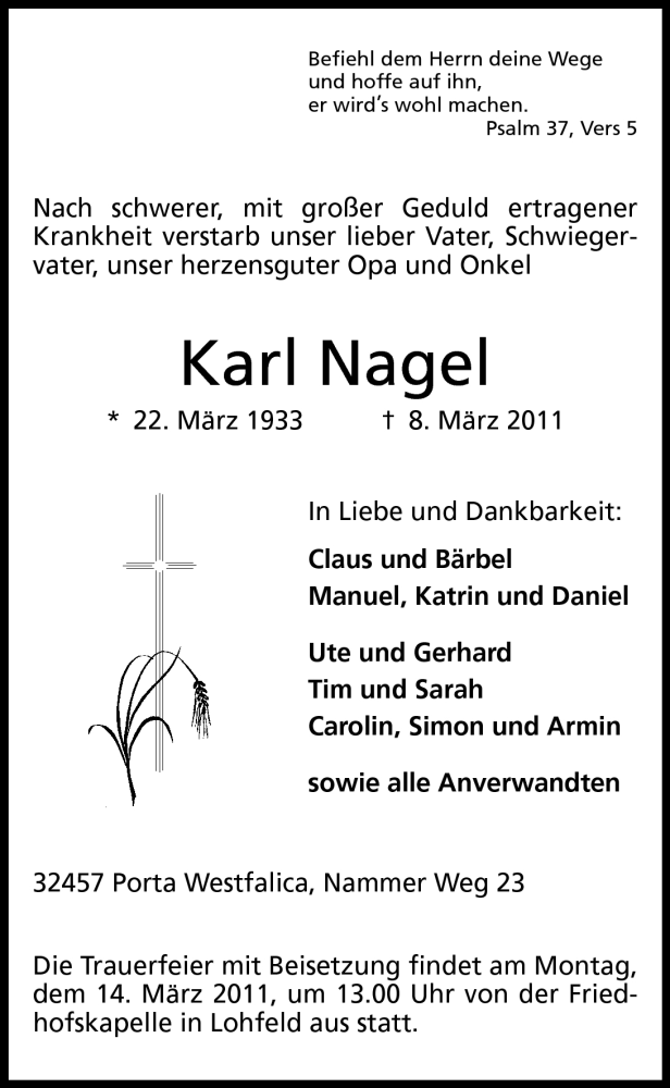  Traueranzeige für Karl Nagel vom 09.03.2011 aus Mindener Tageblatt