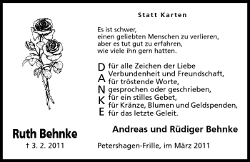 Anzeige von Ruth Behnke von Mindener Tageblatt