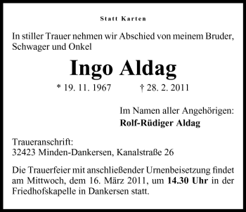 Anzeige von Ingo Aldag von Mindener Tageblatt