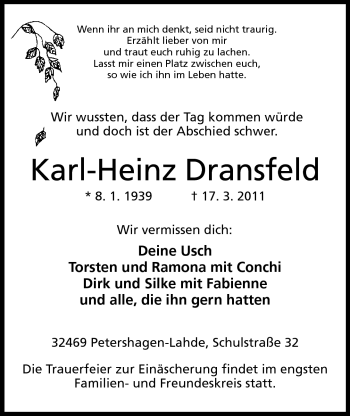 Anzeige von Karl-Heinz Dransfeld von Mindener Tageblatt