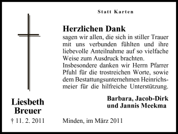 Anzeige von Liesbeth Breuer von Mindener Tageblatt