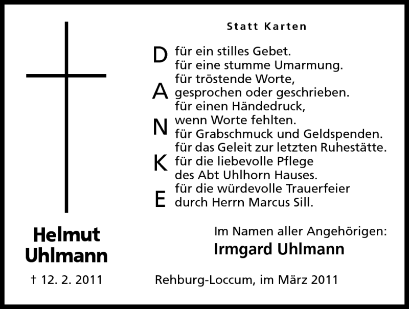  Traueranzeige für Helmut Uhlmann vom 19.03.2011 aus Mindener Tageblatt