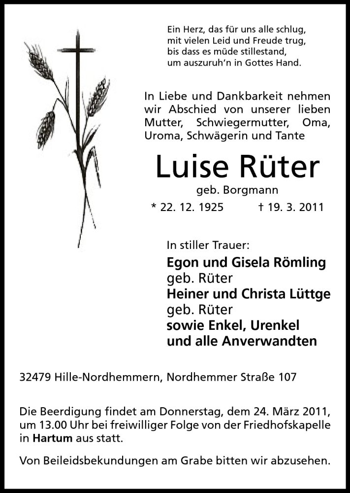  Traueranzeige für Luise Rüter vom 21.03.2011 aus Mindener Tageblatt
