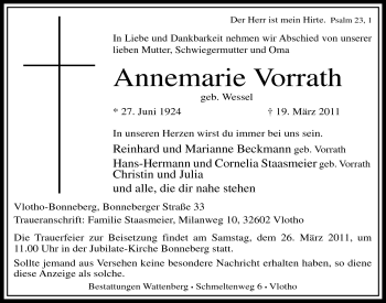 Anzeige von Annemarie Vorrath von Mindener Tageblatt