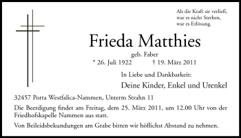 Anzeige von Frieda Matthies von Mindener Tageblatt