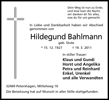 Anzeige von Hildegund Bahlmann von Mindener Tageblatt