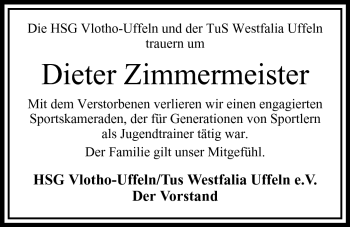 Anzeige von Dieter Zimmermeister von Mindener Tageblatt