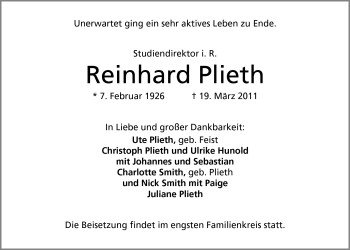 Anzeige von Reinhard Plieth von Mindener Tageblatt