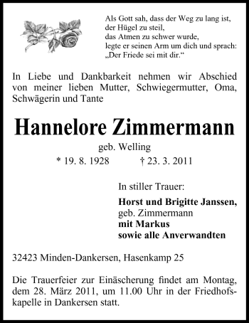 Anzeige von Hannelore Zimmermann von Mindener Tageblatt