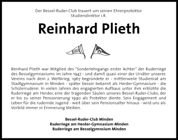 Anzeige von Reinhard Plieth von Mindener Tageblatt